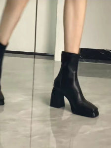 Fashion Martin Boots Winter High Heel Thick Bottom Slim Boot Waterproof Platform Back Zipper Square Head Short Boots Black