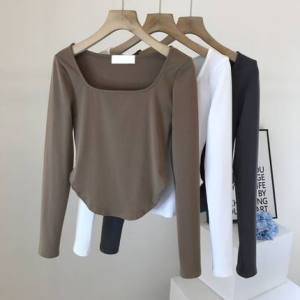 Womens Slim Fit Long Sleeve U-Neck T-Shirt Short Style Base Layer Shirt Inner Wear Pure Desire Spicy Short Sweet Top