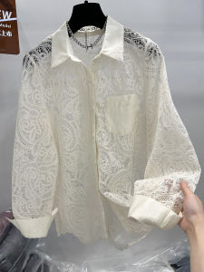 Classy European Goods Winter New Arrival Niche Design Lace Crocheted Flower Lapel Single Breasted Long Sleeve Shirt Top Female