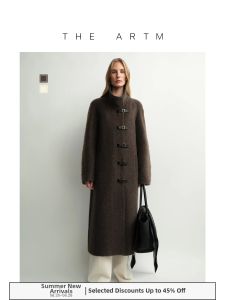 Sculptured Feel Loop Mohair Wool Stand Collar Leather Buckle Belt Saddle Shoulder Long Coat