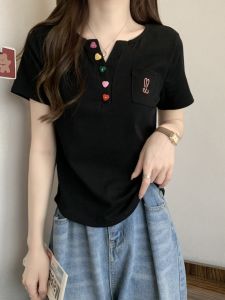 plus Size Womens T-Shirt V-Neck Short Sleeve Fashionable Design Korean Style Commute Loose Fit Summer Top for Plump Ladies