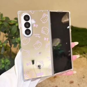 Sanrio | Luxury Makeup Mirror Line Hello Kitty Short Rope Phone Case For Samsung Galaxy Z Fold 7 6 5 4 3 Shockproof Protect Acrylic Cover
