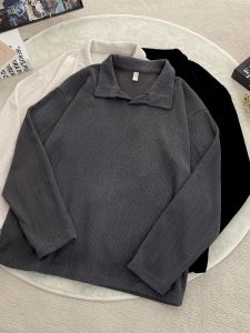 Heavyweight Long Sleeve T-Shirt Mens Spring Autumn American Retro Cleanfit Loose V-neck Wheat Ear Pattern Casual Tee Shirt