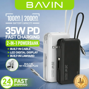 BAVIN PC1215 2-in-1 10000mAh / 20000mAh Portable 35W PD Fast Charging Powerbank w/AC Plug & Built-in Type-C + iPh Cables