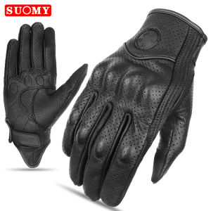 SUOMY Summer Perforated Motorcycle Gloves Retro Brown Real Leather Cafe Racer Motorbike Gloves Touchscreen Scooter Guantes
