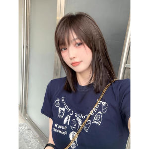 Áo Thun Nữ Cổ Tròn Tay Ngắn in Họa Tiết Hoạt Hình Màu Xanh Lam Phong Cách Mỹ Áo Thun Nữ Ôm Vừa Vặn Đa Năng Mùa Hè