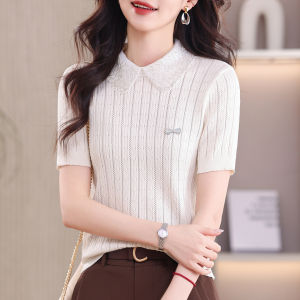 BAIWEISILI | Lace Hollow Knit Short Sleeve T-Shirt Thin Summer Wear