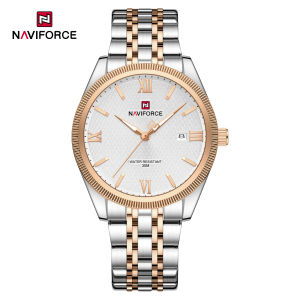 Naviforce | NAVIFORCE Classic Simple Tough Quartz Mens Watch Room Gold Steel Band White Texture Dial Calendar Man Watches Luminous Hands