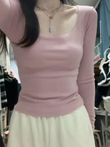 Soft Cozy Long Sleeve Square Collar Womens Base Shirt Slimming Trendy Pure Desire Style Winter Warm Inner Wear plus Size Top