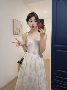 New 2025 Blue Floral Halter Dress Sun Protection Cardigan Two-Piece Set Beach Vacation Beachwear Womens Clothing Skirt