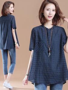 Casual Loose Striped Womens Shirt Summer New Style Single Pocket Short Sleeve Slimming Top Artistic plus Size Fashion