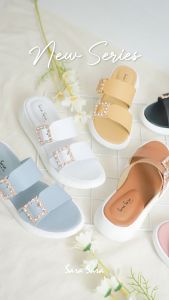 Sara Sara JOA Sandal Selop Wanita Kekinian Sendal Kasual Cewek Slop Sol Flatform Ban Dua Gesper Berlian Terbaru