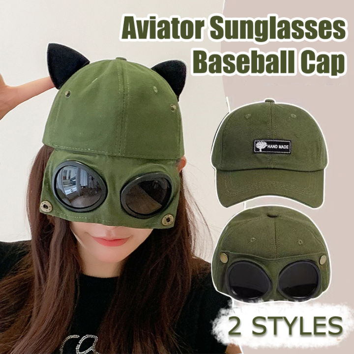Aviator Sunglasses Through Hat Cat Ear Baseball Cap For Women