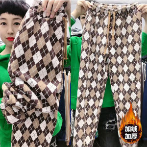 Quần Dài Thường Ngày Cỡ Lớn Cho Nữ Mùa Đông Quần Dài Ống Rộng Cạp Cao Lót Lông Cừu Kẻ Caro Quần Dài Phong Cách Harajuku