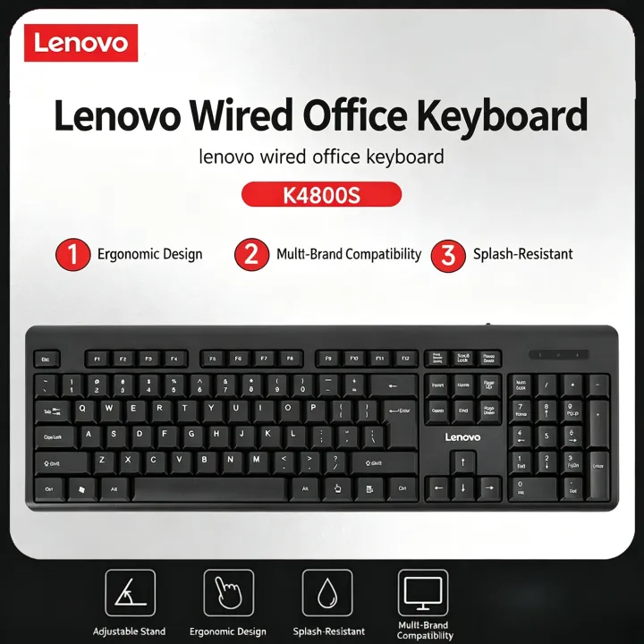 Lenovo K4800S USB Wired Splashproof Keyboard Black Plug & Play Office External Keyboard for Laptop Desktop All-in-One Computer