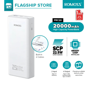 Romoss PRC20 20000mAh powerbank 22.5W Fast charging with Built In Dual Cable Power Bank Type-c&Lightning Cable for iPhone HuaWei Xiaomi Android Mobile Phone