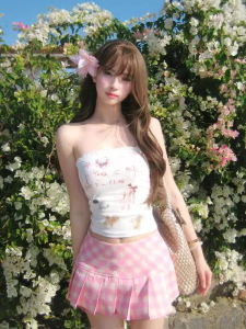 chaqi | American Retro Fun Print Sweet Spicy Strap Vest Women Design Sense Lace Slimming Crop Top Summer Inner Wear Commute Style