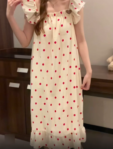 Korean Casual Summer Soft Cotton Polka Dot Womens Nightdress Wearable and Breathable Loungewear
