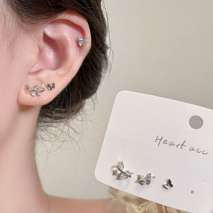 Silver Needle Butterfly Zircon Flashing Earrings Set for Women Double Hole Ear Jewelry Elegant Minimalist Fashion Accessories