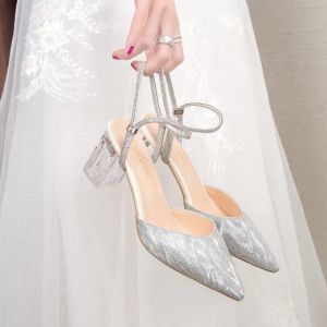 DCollection BH 02 Sepatu Pesta Tali Permata Transparan Sandal Heels Wanita Elegan Hak Kaca 5 Cm