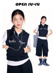 opennunu | Bộ Áo Khoác Hoodie In Hoa Văn Và Quần Cho Bé Gái Màu Hải Quân