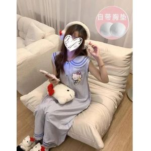 Cute Night Skirt Kitty Cat Night Skirt Long Sleeves Stripe Pajamas Female Autumn Loose Style Home Clothing Night Skirt