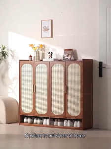 Wooden Shoe Cabinet with Rattan Doors - Breathable Space-Saving Multi-Layer Storage Multiple Size Options