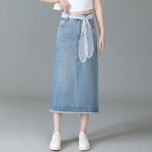 MEITESIJIAONU | Korean Style Lace-Up Mid-Length Denim Skirt