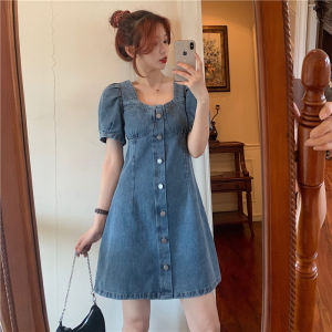 French Style Bubble Sleeve Denim Dress Women Summer plus Size Slimming Waist High Waist Short Skirt Korean Version Commute