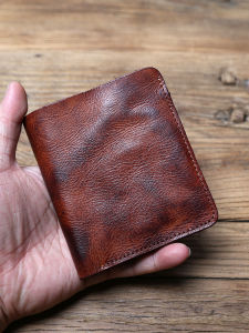 Men First Layer Cowhide Wallet Retro Genuine Leather Wallet Vertical Document Bag Short Female Youth Handmade Ultra-Thin Purse