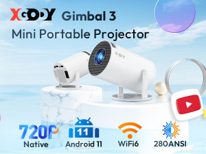 XGODY Gimbal 3 Smart Mini Portable Projector Native 720P Support 4K Decoding Android 11.0 Home Theater Auto Vertical Keystone 300 ANSI 180° Free Rotation