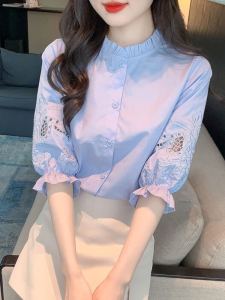 Embroidered Short Sleeve Shirt Womens Summer New Design Sensation Korean Style Lantern Sleeve Hollow out Floral Print Blouse