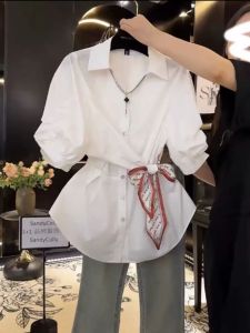 Baju pinggang lapel reka bentuk musim panas wanita rasa mewah mewah mewah mengurangkan usia atasan saiz besar