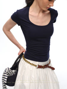 SHEITAOZI | Rayon U-Neck Short Sleeve Straight Shoulder Slimming Basic T-Shirt