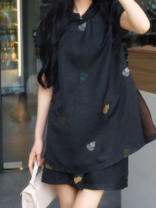 Shalldoer | Elegant Chinese Zen Style Embroidered Shirt And Shorts Set For Women Casual Button Up Stand Collar Two Piece Suit Summer 2025