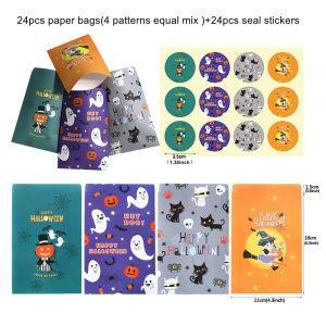 24pcs Halloween Gift Bags with 24pcs Stickers Pumpkin Boo Mini Paper Treat Bags Happy Halloween Party Favor Wrapping Supplies