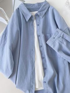 Blue Long Sleeve Cotton Shirt Womens Inner Wear Layering Design Unique French Style Pure Cotton Shirt Elegant Base Top