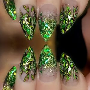Medium long fake nails for women Gradient green glossy shimmer or sparkling leaf design waterdrop almond tips press on nail art