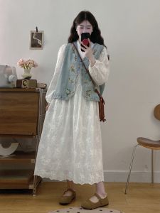 Plus Size Slimming Embroidered Lace Denim Vest Dress Set