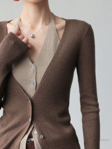 JWUNIQUE Coffee Long Sleeve Knitted Open Cardigan Womens Spring New Style Slimming Fake Two-Piece Top V-neck Regular-length
