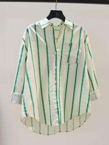 Loose Long Sleeve Womens Cotton Shirt Green Stripes Single Pocket Spring Fresh Versatile Open Cardigan Top Korean Style