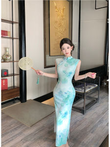 Blue Sleeveless Young Style Revamped Cheongsam Daily Wear Beautiful Slimming Retro Fit for Young Girls Long Qipao Floral Pattern