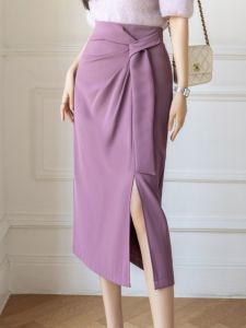 Elegant High Waist Asymmetrical Midi Skirt Womens Fashion Spring Autumn New Folded Belly Concealing Slimming Professional One Step Skirt
