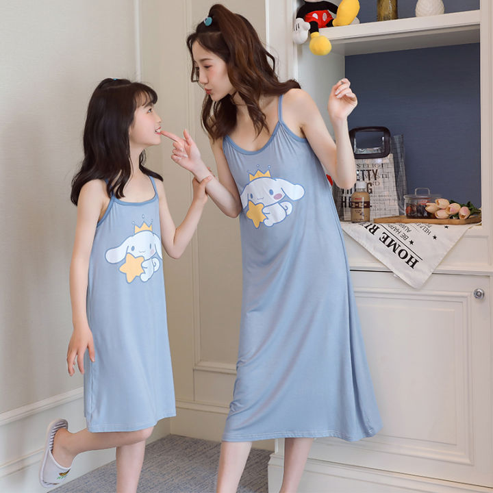 Mẹ và con gái váy ngủ mùa hè ngắn tay cotton mỏng phần dễ thương cung