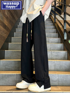 Wassup Happy New Chinese Style Button Pants Mens Autumn Winter Straight Slit Casual Long Trousers Loose Fit Straight Leg