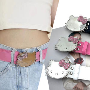 Halloween Christmas Sanrio Hello Kitty Head Pink Rhinestone Girl Heart Y2K Belt Cartoon PU Leather Belt Cool Girl Clothing Accessories