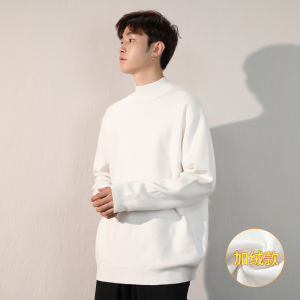 Mens Fleece Lined Knitted Half High Collar Sweater Autumn Winter mid Neck Base Shirt Black Warm Casual Long Sleeve Top