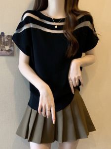 Elegant Hollow out Short Sleeve Ice Silk T-Shirt Womens plus Size Summer Slimming Top Korean Style Creative Pattern round Neck