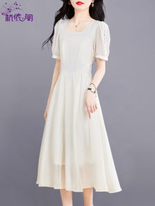 Elegant White Dress Womens High-End Sensation Summer New Style French Collar Slimming Chic Beautiful Dress by Hangyi Ge