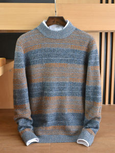 Pure Cashmere Sweater Mens round Neck Color Block High End Autumn Winter Thick Warm Casual Loose Knitted Sweater